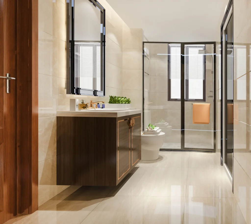 3d-rendering-modern-wood-stone-white-bathroom-Tiles for outdoor, laundry, and utility areas